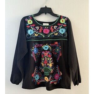 YZXDORWJ Top Womens L Black Floral Embroidered Mexican Peasant Boho Blouse